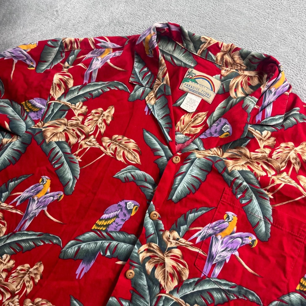 Paradise Found Mens XL Red Jungle Bird Parrot Hawaiian Shirt Magnum PI USA Made